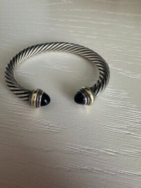 David Yurman Sterling Silver 14K Yellow Gold Black Onyx 7mm Cable Bracelet